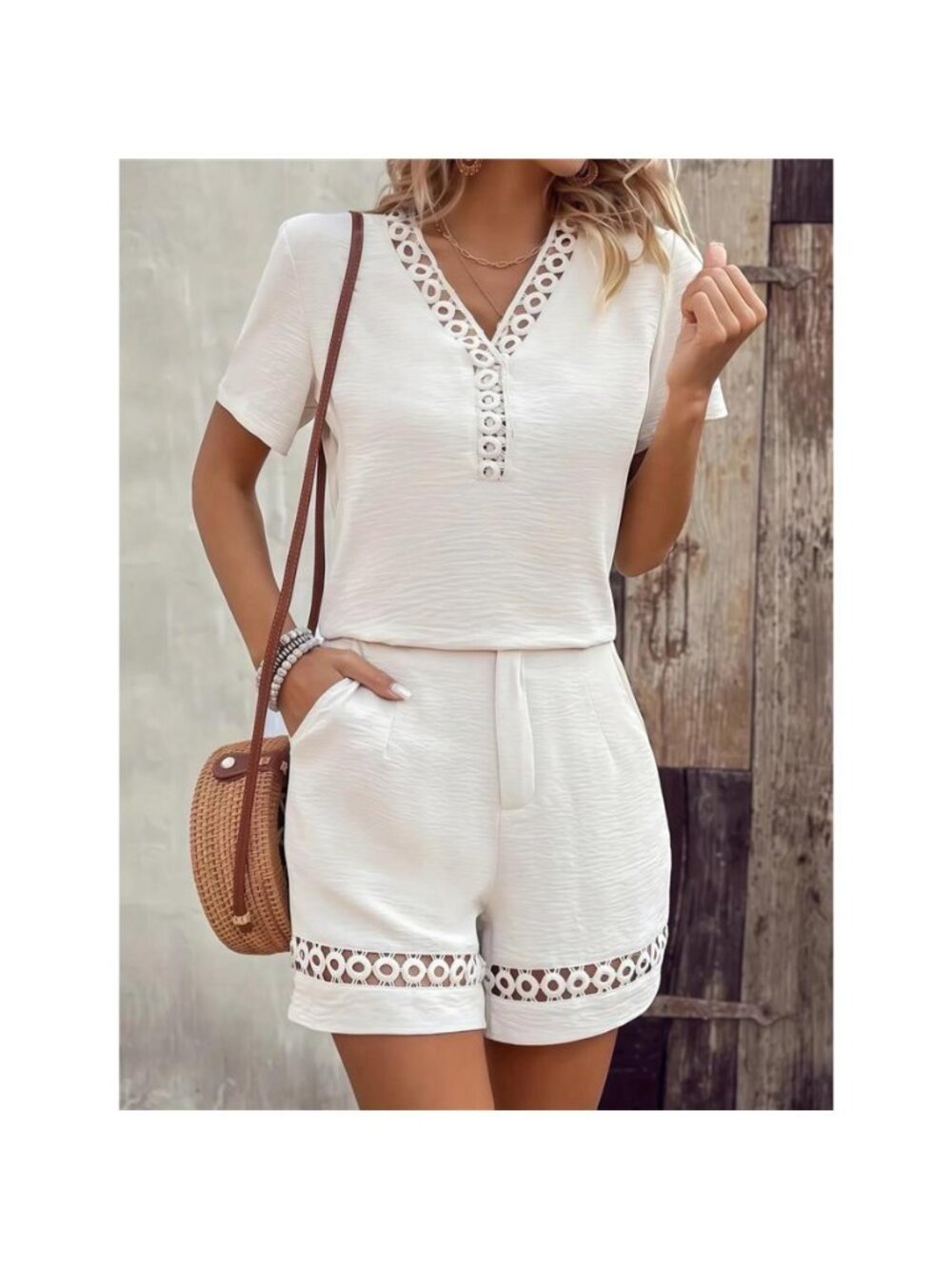 Lace Trim V-Neck Top and Shorts Two-Piece Set
